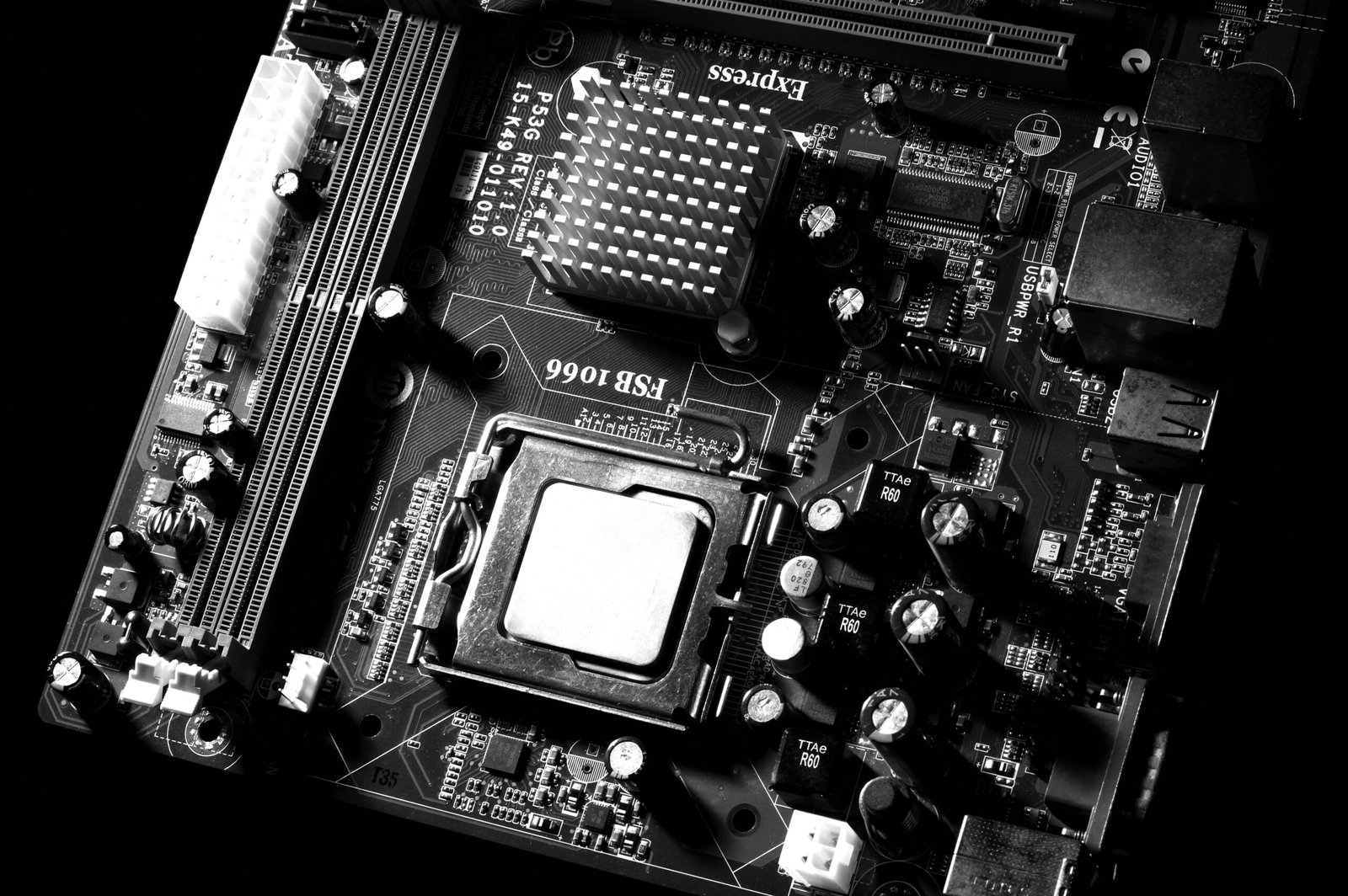A modern motherboard showing all its slots and ports.
