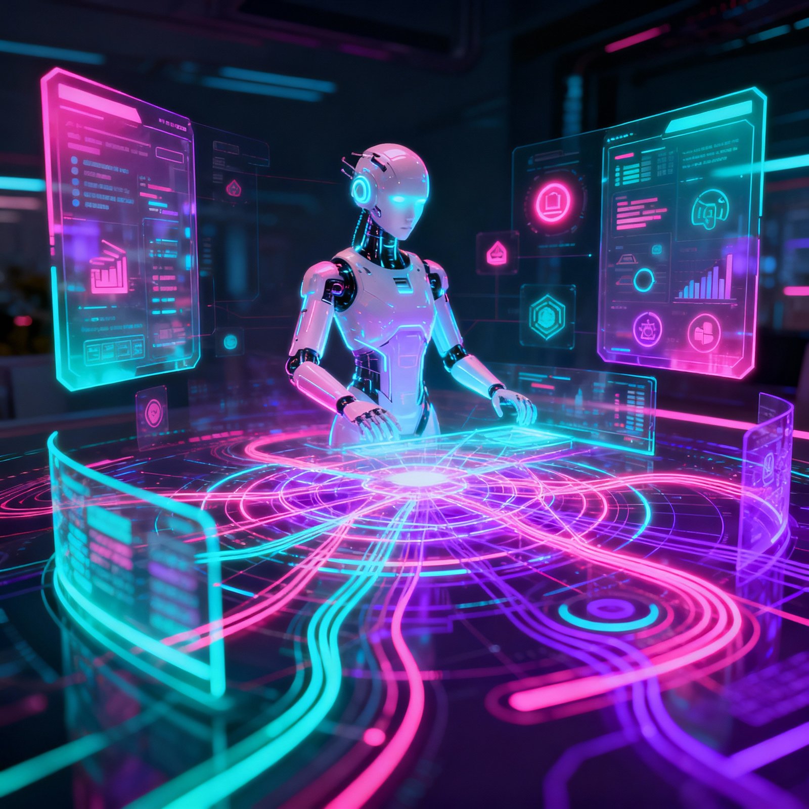 A futuristic digital interface showing an AI agent autonomously managing a complex web of tasks and data streams, symbolizing autonomous action.